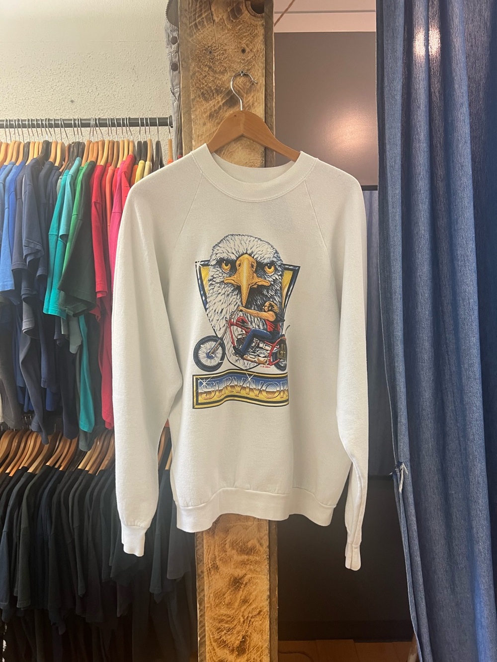 Vintage Survivor Eagle White Graphic Crewneck